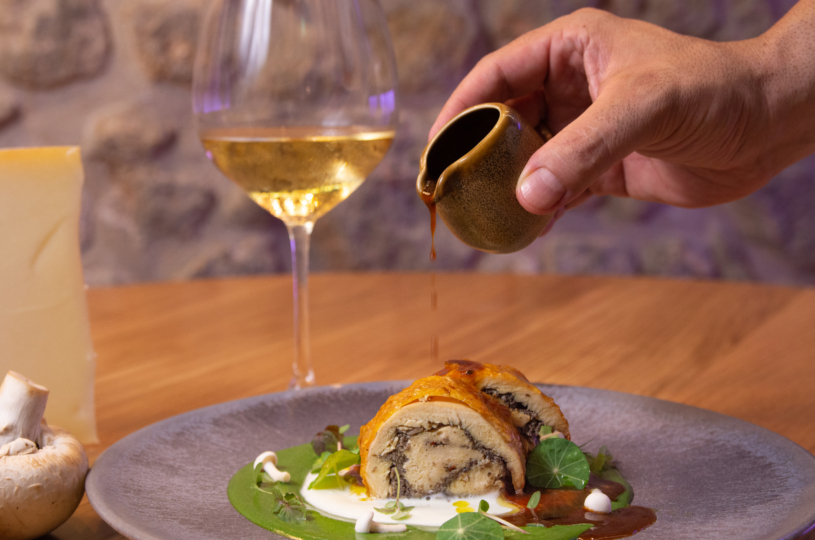 Chicken ballotine stuffed with mushrooms, green’s cream and anthogalo (goat butter) with a glass of Vidiano P.G.I. Crete